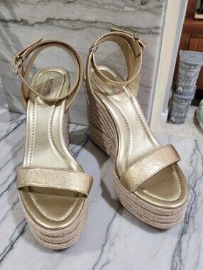 MICHAEL Michael Kors Metallic Gold Espadrille Wedge Sandals Size 9.5